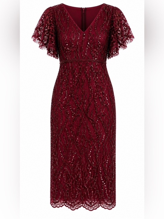 Mac Duggal Dresses & Skirts - Mac Duggal Red Sequin Cocktail Midi Dress. Size 10 Fringe Sleeves V-Neck. NWT